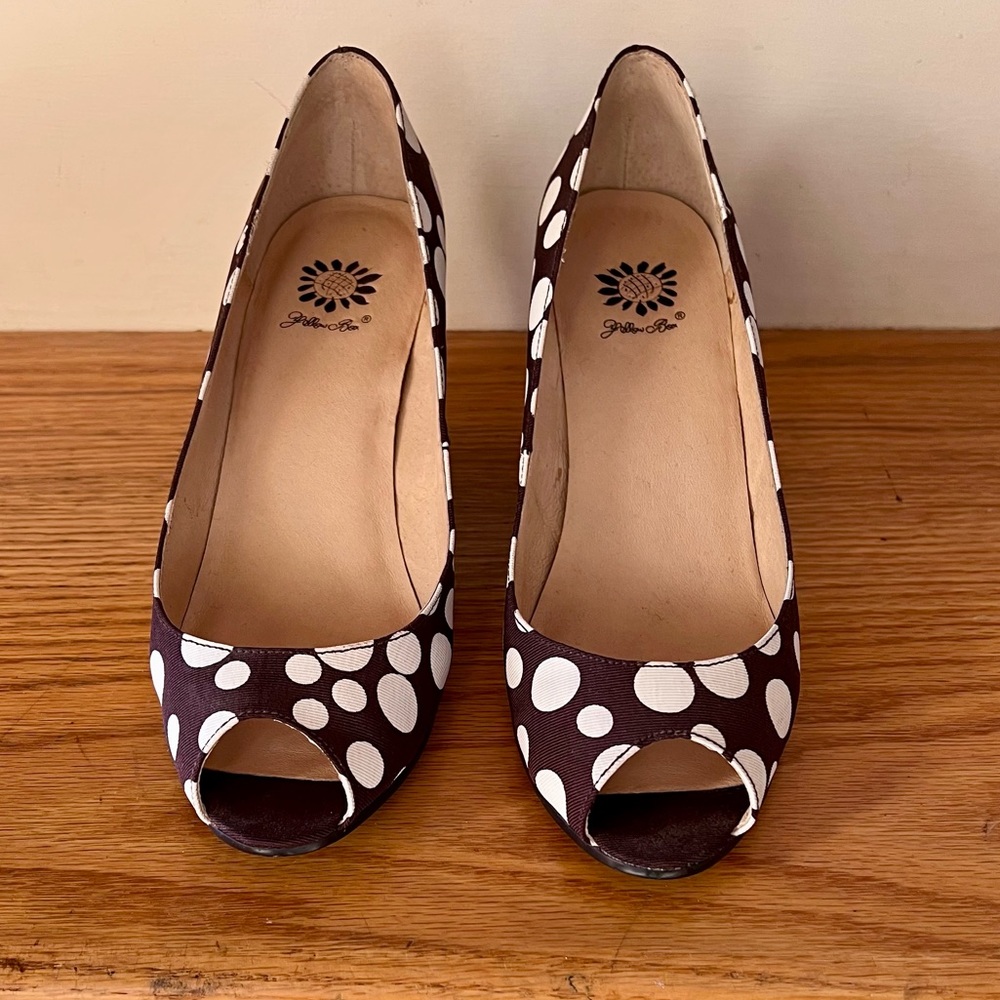 COPY - NWOB Brown + White Polka Dot Peep-toe Wedges by Yellow Box